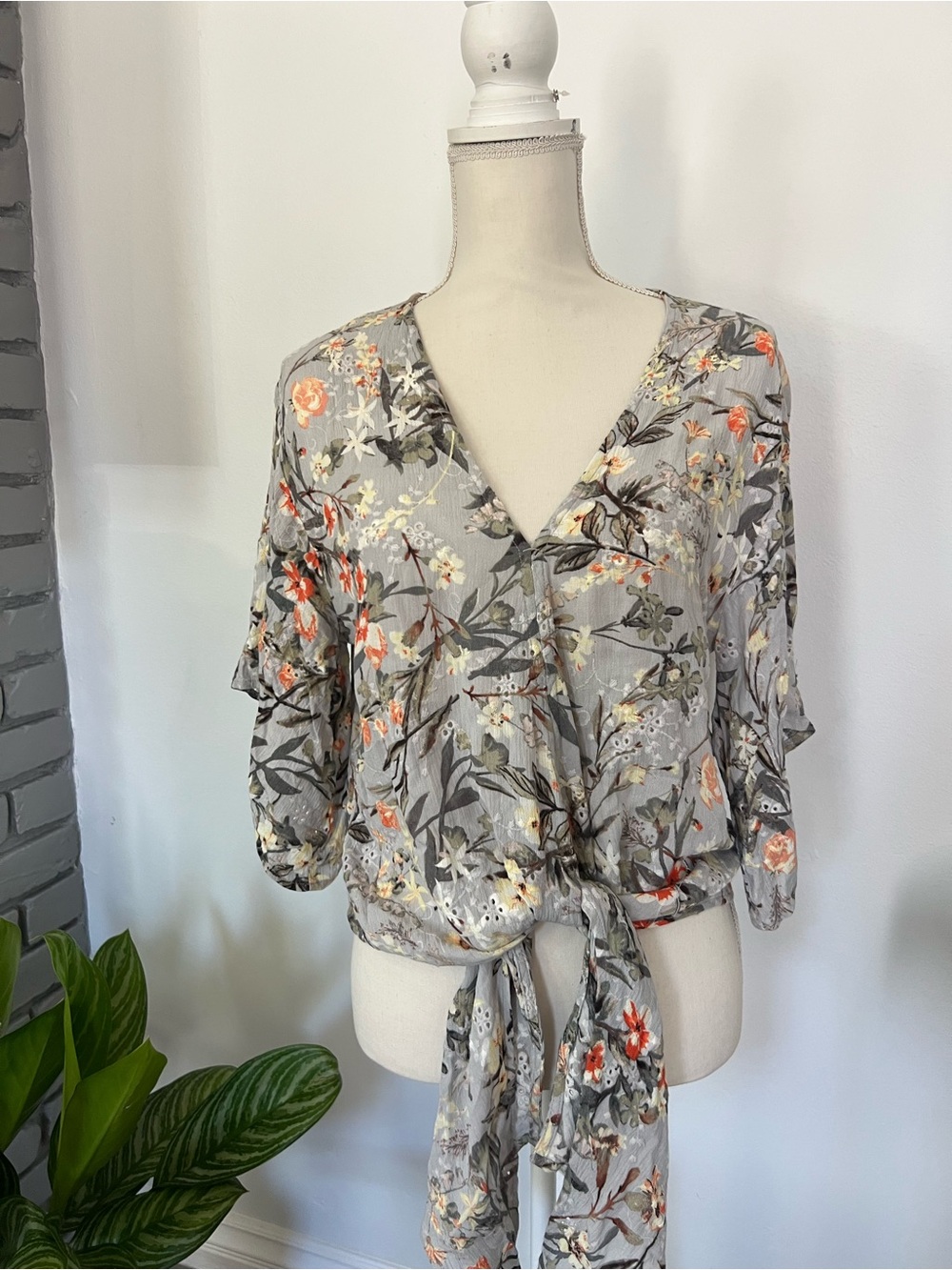 lovestitch Gray Floral Tie-Front V-Neck Blouse with Coral Accents